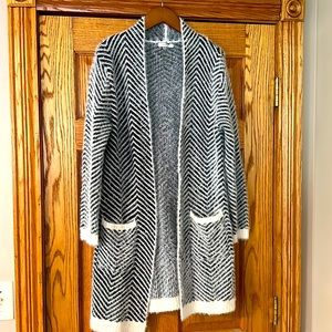 Sioni Black and White striped long fuzzy cardigan sweater